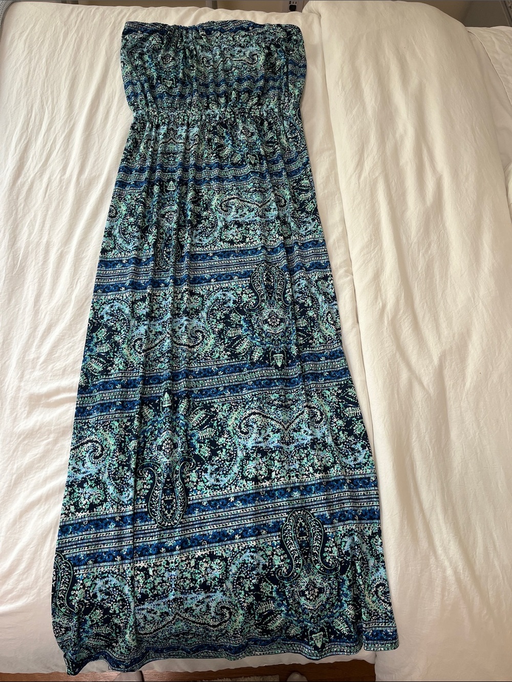 Trixxi Strapless Paisley Maxi Dress in Teal and Navy
